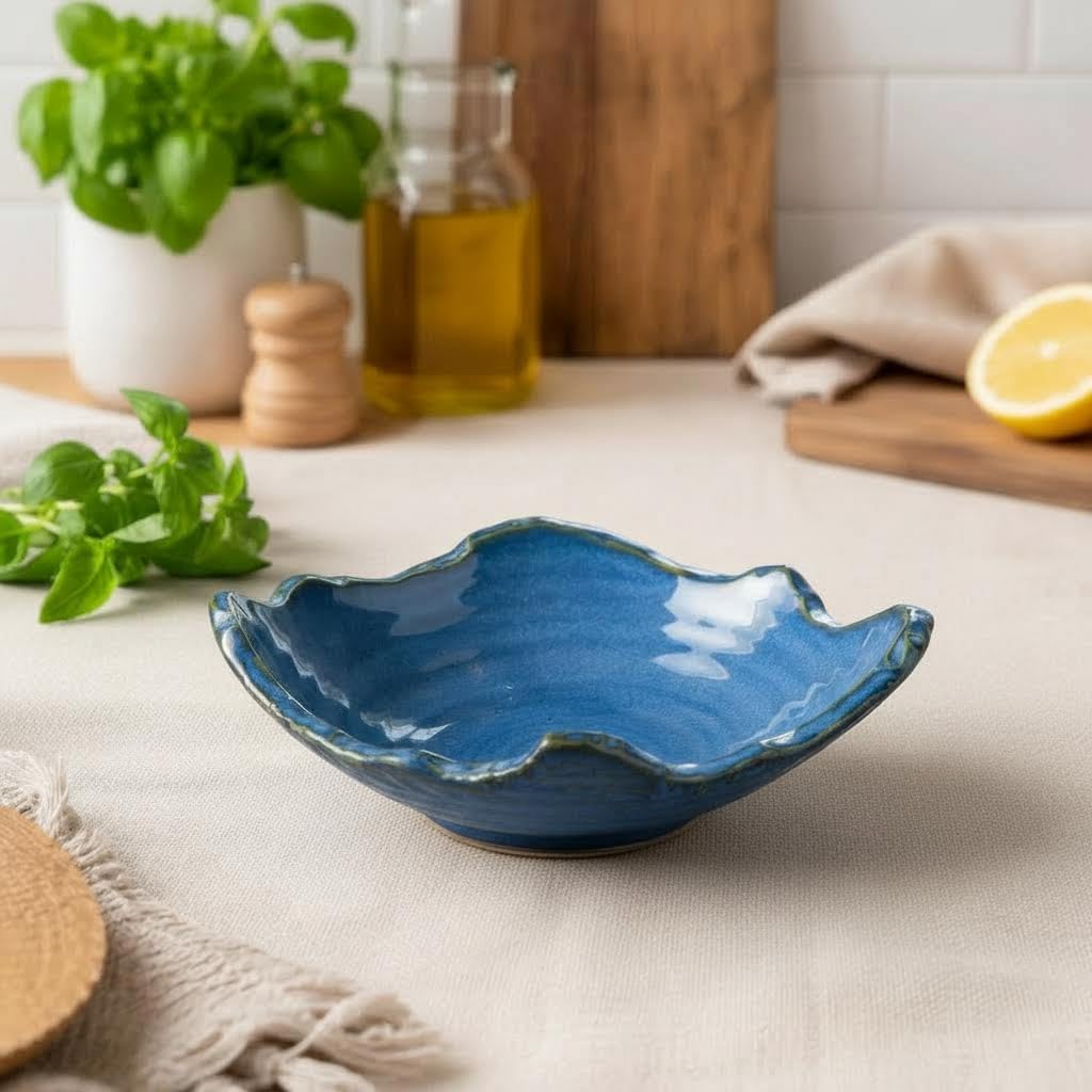 TANMESSO Small Ceramic Decorative Bowl with Irregular Rim Reactive Glaze Candy Dish Japanese Style Table Decor (Blue)
