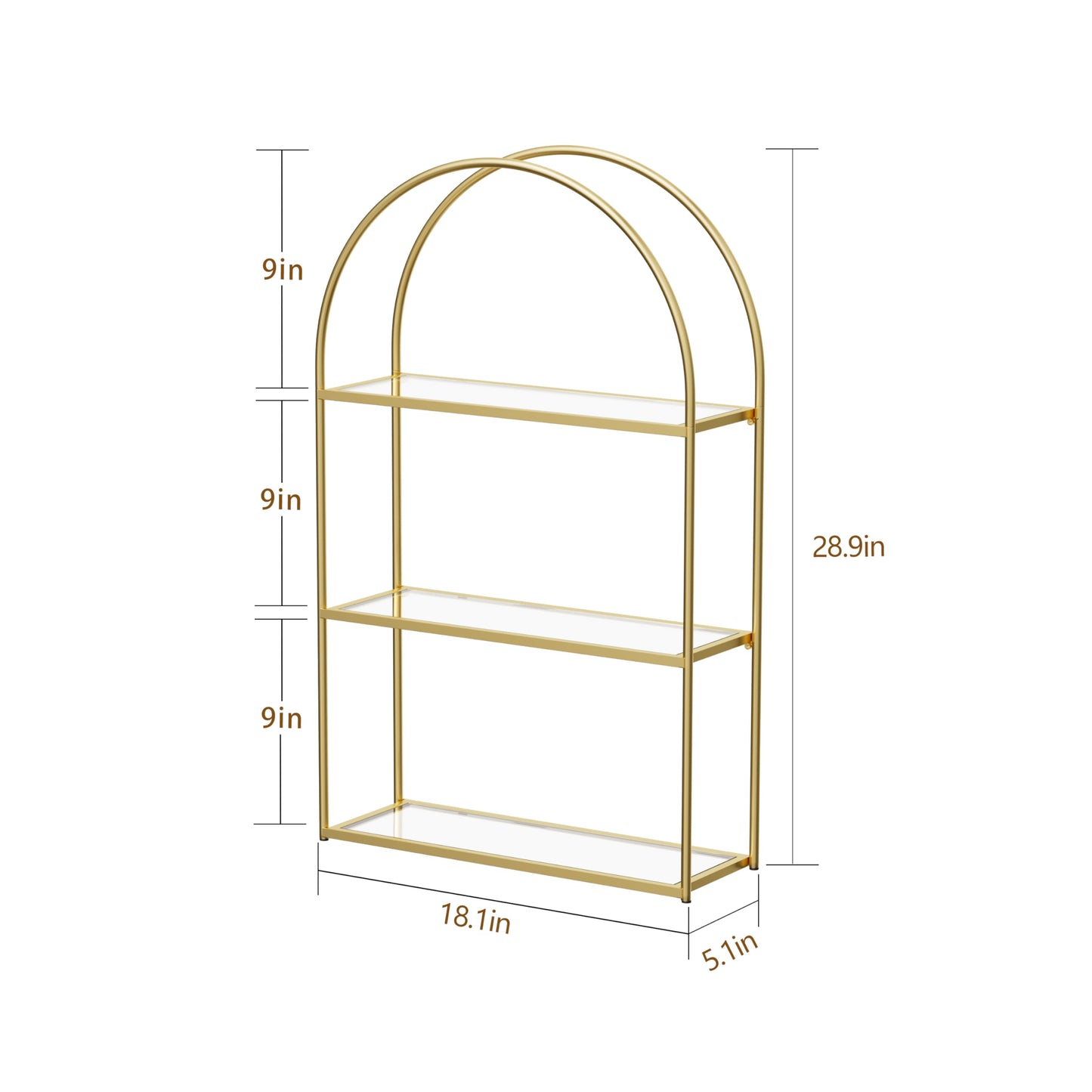 Crofy Gold Arched Frame Wall Shelf, Decorative 3 Tier Bathroom Wall Shelf with Transparent Tempered Glass Shelves and Robust Storage Capacity, 5.1" D x 18.1" W x 28.9" H