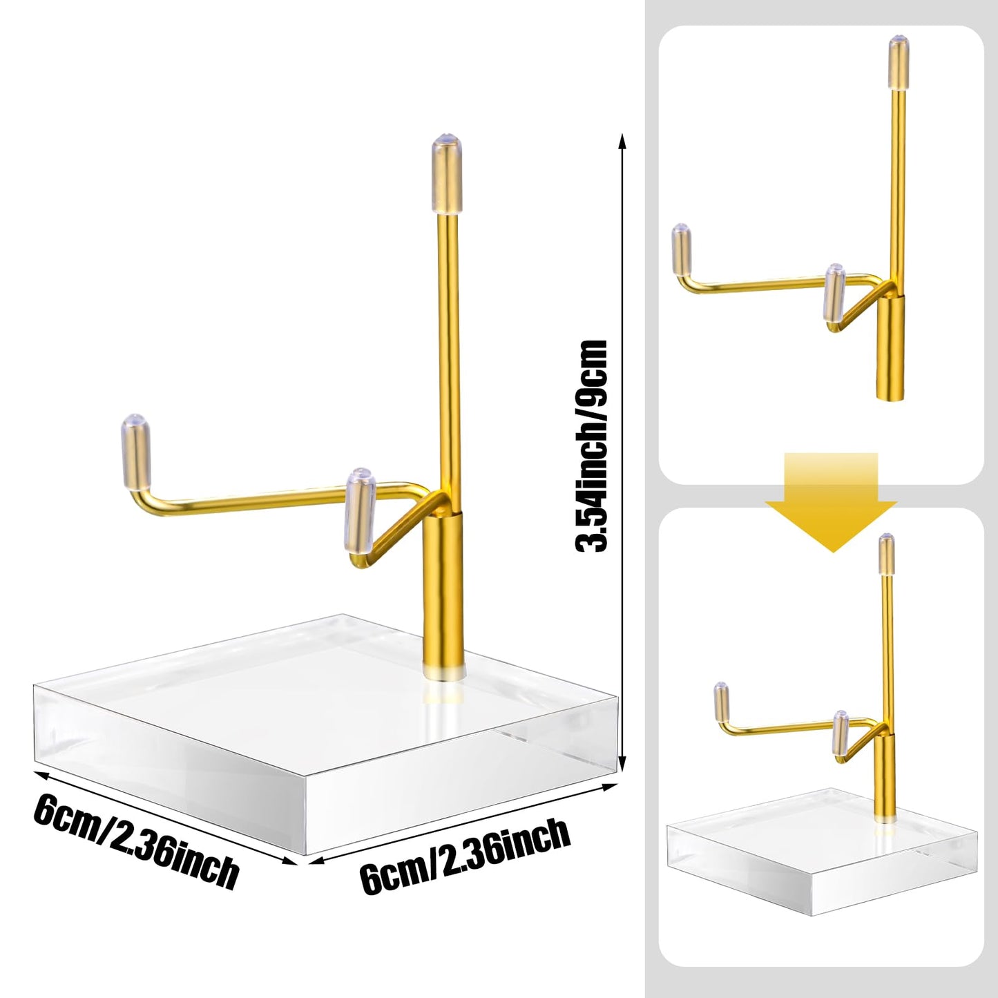 Kigley 8 Pcs Adjustable Metal Arm Display Stand Crystal Holder Easel Display with Acrylic Base Easel Rock Mineral Stand for Geodes Mineral Agate Collection (Gold,2.36 x 2.36 x 3.54 Inches)