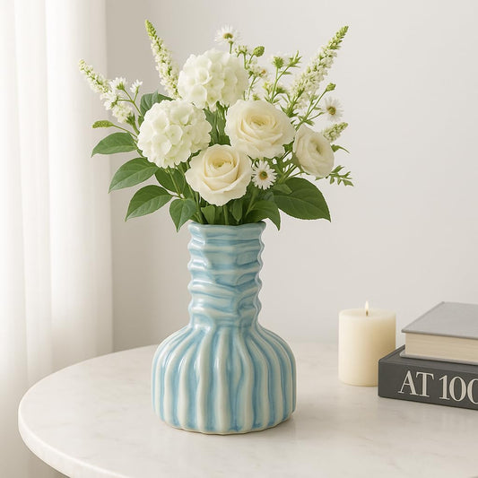 Ceramic Vase for Home Decor – Table Accent That Blends Effortlessly into Office Decor, Bedroom, and Living Room Decor – A Must for Any Flower Vase Collection – 8" Blue