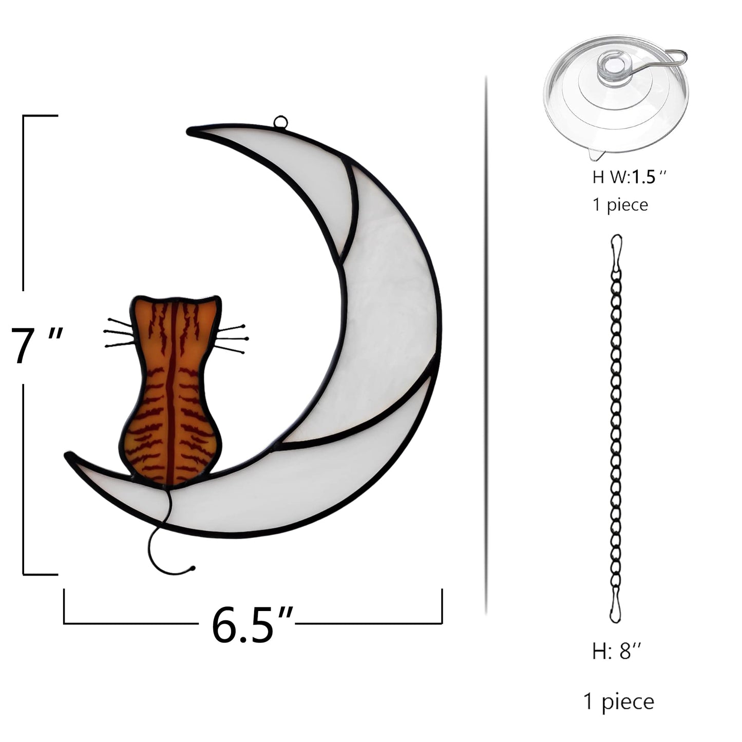 HAOSUM Stained Glass Orange Tabby Cat Decor, Handmade Cats on Moon Window Hanging Suncatcher – Perfect Cat Lover Gift for Living Room, Bedroom, Windows Decoration