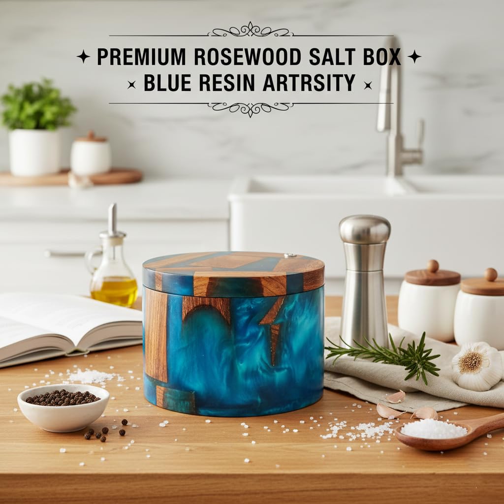 Resin Wooden Salt Box with Magnetic Swivel Lid - Handcrafted Namakdani - Rosewood Container for Celtic Salt, Spice, Pepper, Salt Herbs - Kitchen Accessory for Decorative Countertop(Blue Resin)