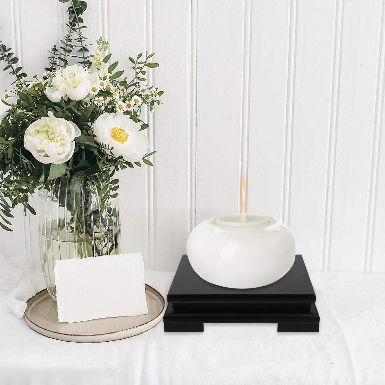 Wooden Display Stand Square Wood Display Base Risers Square Vase Riser Teapot Aquarium Lamp Pedestal for Stone Flowerpot Teapot Vase Bonsai Lamp Holder Home Decoration 7" W x 7" D x 1.8" H (Black)