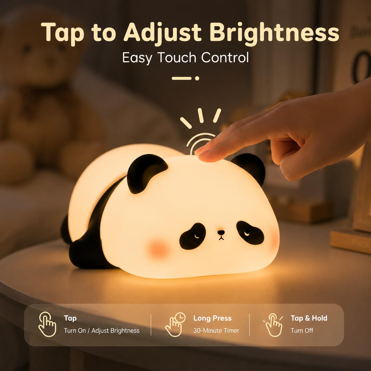VidwanHome Cute Panda Night Light for Kids, Silicone Baby Squishy Lamp, 3-Level Dimmable Nursery Light for Bedroom, Rechargeable Portable Lamp, Desk Decor Birthday Christmas White Elephant Gift