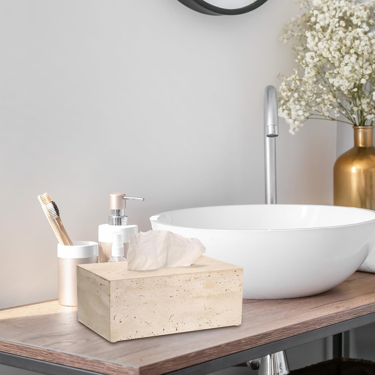 Sumnacon Rectangular Tissue Box Cover Natural Travertine Tissue Cover with Pads,Heavy Duty Stone Tissue Box Holder,Gorgeous Tissue Holder for Toilet Bathroom Kitchen Living Room Table,Light Beige
