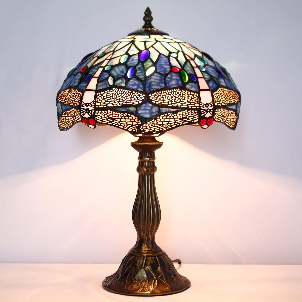 WERFACTORY Tiffany Table Lamp Blue Stained Glass Dragonfly Style Desk Light