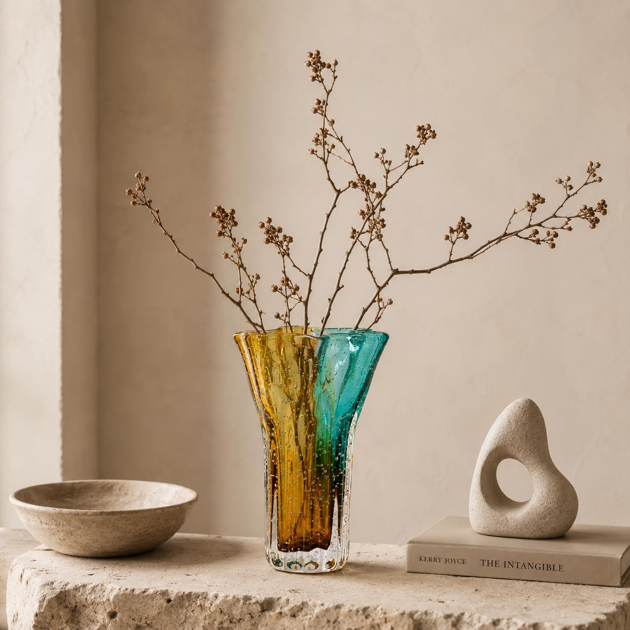 Art Glass Vase with Hand Blown Bubble Texture, Decorative Blue Amber Glass
