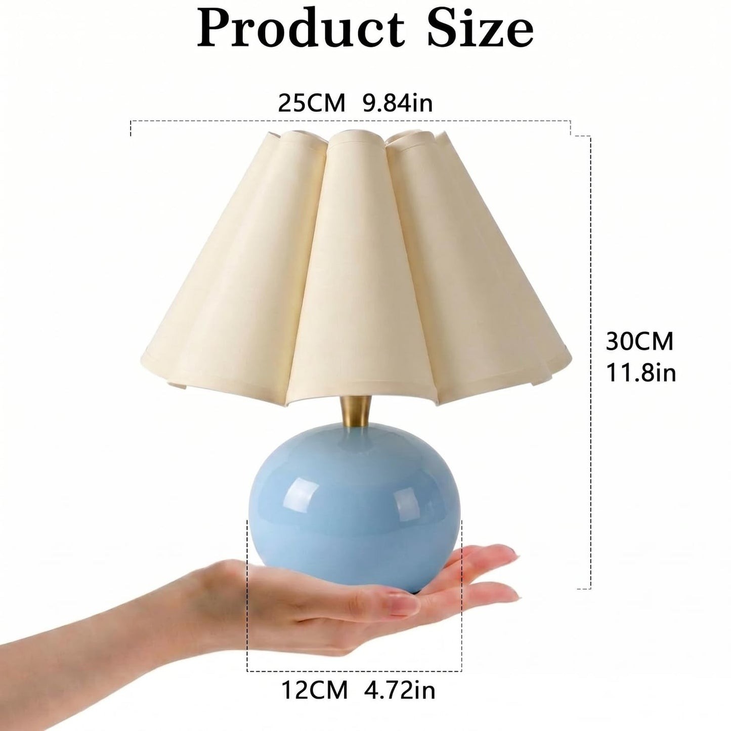 Komothala Small Bedside Table Lamp, Ceramic Stepless Dimmable Lamp with Scalloped Fabric Shade,Decorative Accent Light for Nightstand, Living Room, Console or Kids Dorm,Blue (E26 LED Bulb Included)
