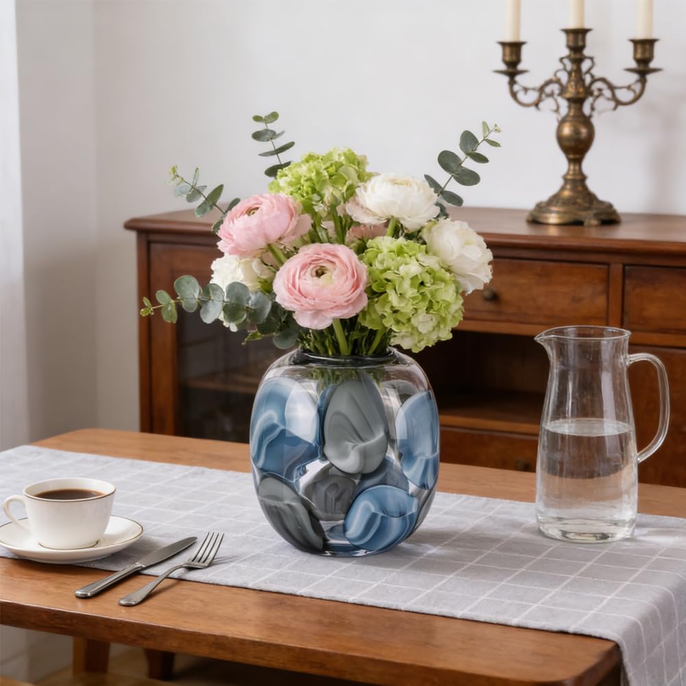 Hand Blown Blue Glass Vase, 8.5 in Round Wide Mouth Blue Gray Vase, Decorative Glass Vase for Flowers, Coastal Home Decor Centerpiece for Table, Shelf, Entryway, in The Bathroom, or Living Room