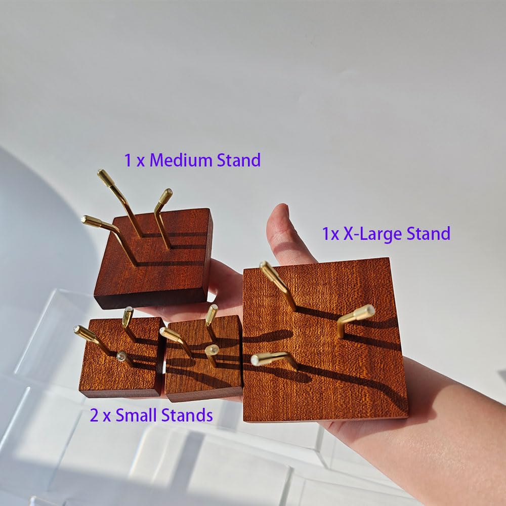 CDFZJC 4 Pcs Rock Display Stand, 3-Size Set Crystal Sphere Stand with Metal 3-Peg and Wooden Base, Crystal Stands for Display Minerals, Geodes, Rocks, Fossils, Agate Slices, Small Collectibles