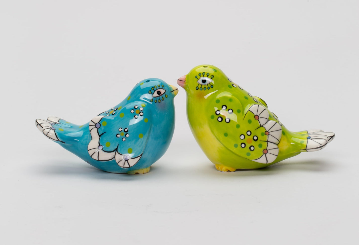 Fine Ceramic Flight of Fancy Hand Painted Blue and Green Love Birds Salt & Pepper Shakers Set, 3-3/8" L