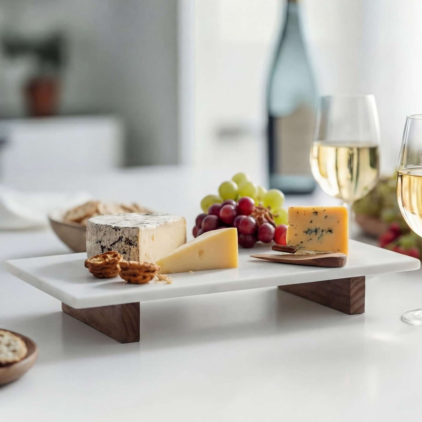 Yiyiring Marble Charcuterie Board Display White Cheese Cutting Footed Stand Tray with Wooden Feet 15.75"L x 8" W x 2.5" H for Vanity, Kitchen and Serving, or as a Gatherings Elegant Cheese Board Gift