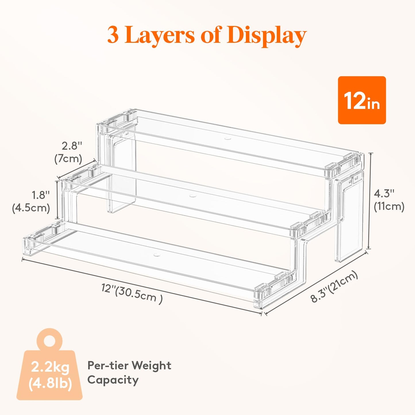 Lifewit Spice Rack, Perfume Cologne Organizer, Cupcake Stand, Tool-Free Assembly, Display Riser Shelf, Seasoning Figurine Makeup Holder, Room Decor, Kitchen Cabinet Storage, Clear, 12in-3 Tier, 2 Pcs
