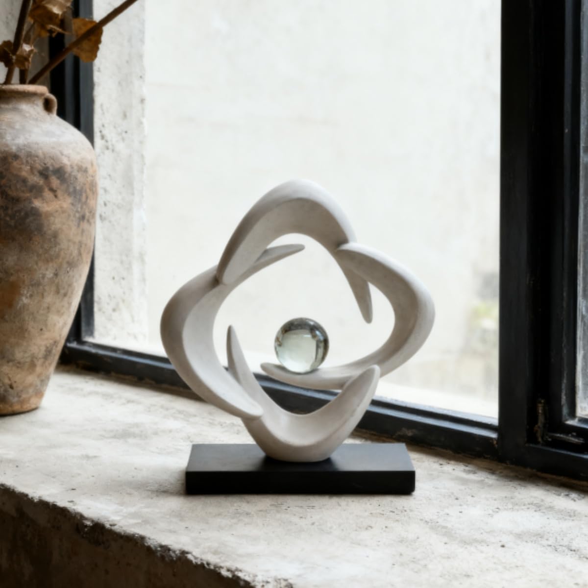 XGZY Abstract Flame Art Statue-Modern Home Decor Table &Book Shelf-with Glass Ball (10.43in Tall Figurine) (White B)