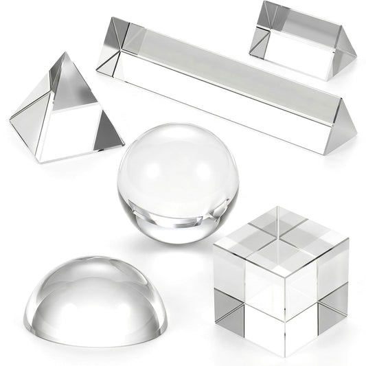 6 Pack K9 Optical Crystal Photography Prism Set Include 50mm and 150mm Clear Triangular Prism 50mm Lens Ball, Cube,Optical Pyramid and 60mm Dome Magnifying for Photography Effects Physics Optics