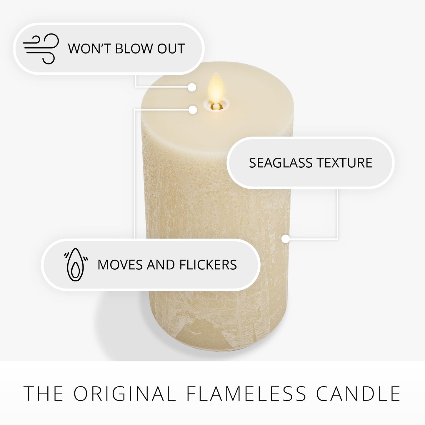 Luminara Seaglass Rechargeable Flameless LED Candle, Fog 3.8" x 8.6", Moving Flame Pillar Timer, USB Type-C Charging Cable, Unscented Real Wax