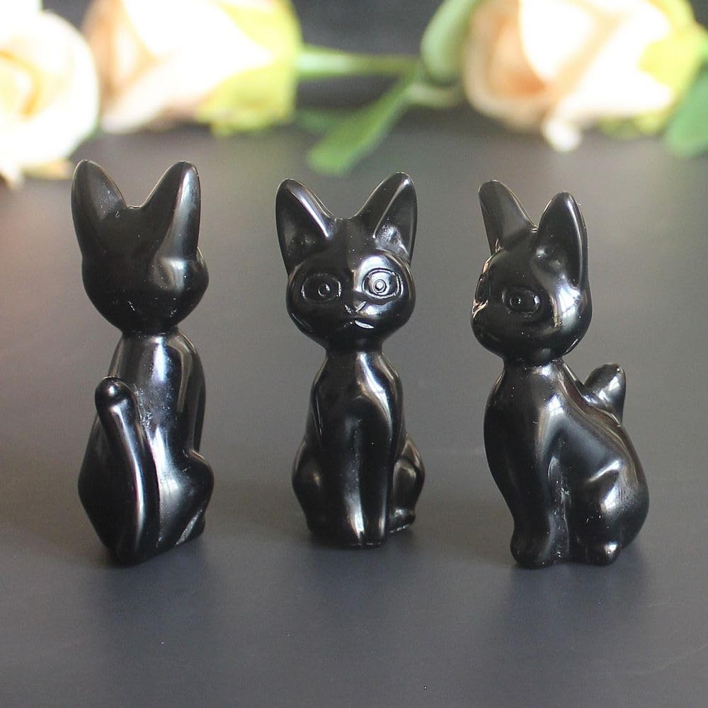 HLbshi Hand Carved Gemstone Crystal Abyssinian Egyptian cat Figurine Animal Statue Carving Office Room Home Decor 2'' (Black Obsidian)