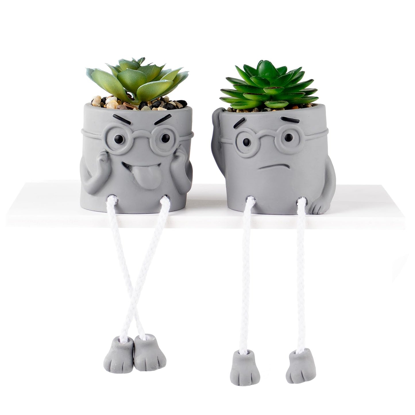 Uguisu 2 Pack Small Fake Plants for Desk Window sill Decor, Shelf sitters with Dangling Legs Cubicle Decor Cute Fake Succulent Hippy pots（Gray/2pcs）