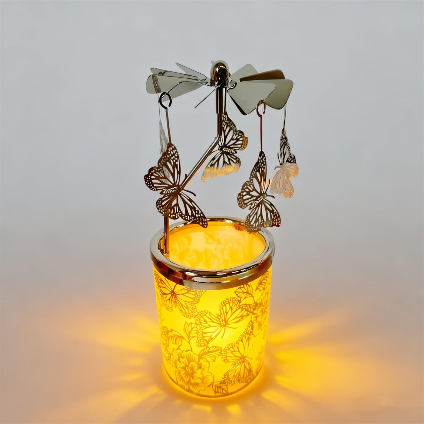 Carousel Rotary Candle Holder Spinning Birthday Gifts for Women, Mom, Wife, Girlfriend, Sister, Her, Metal Windmill Tea Light for Female Friends (Silver Butterfly)