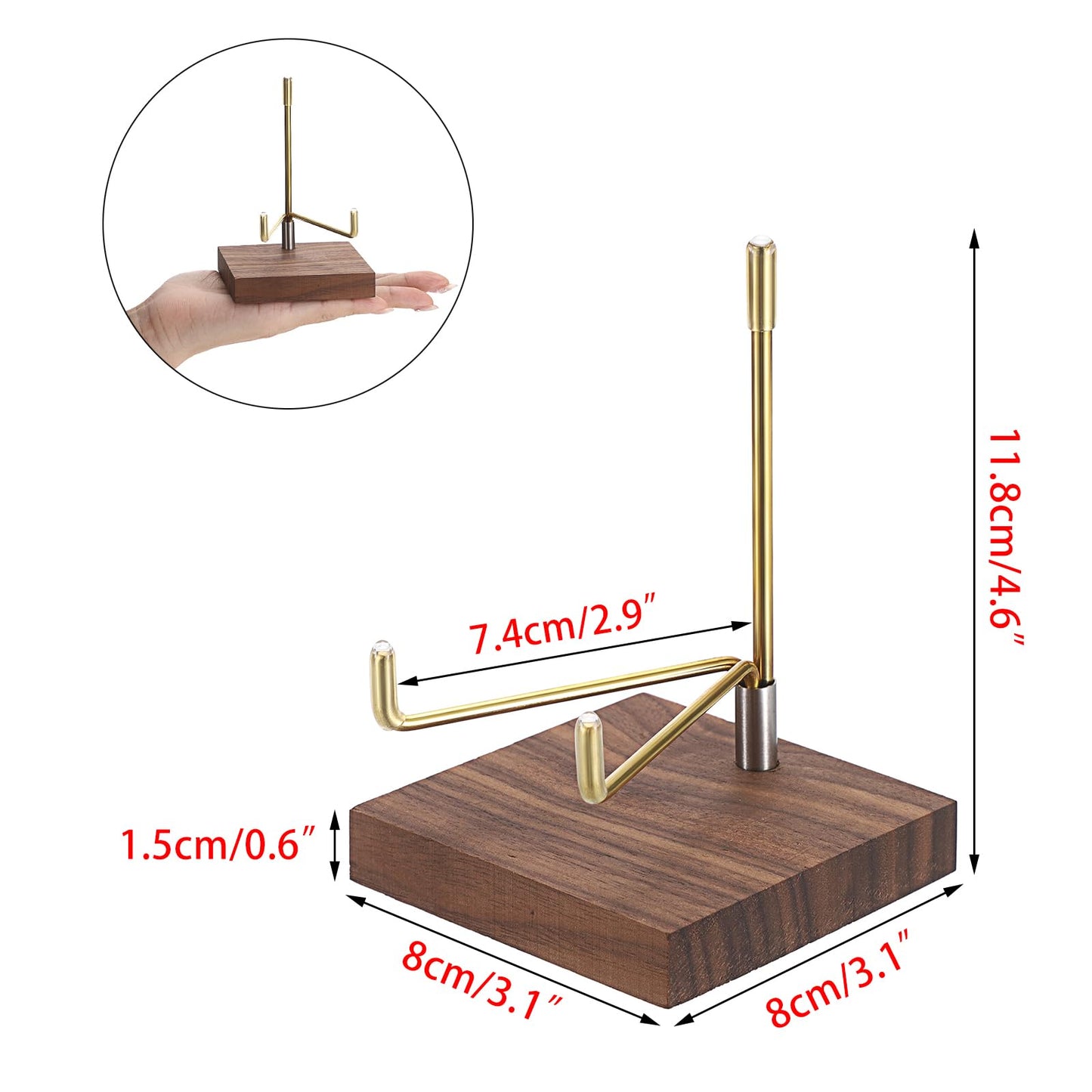 Hipiwe 2Pcs Adjustable Metal Arms Display Stand with Wooden Base Rock Display Stand Easel Decorative Plates Display Easel Holder for Gemstones Fossils Minerals Agate Plates Collectibles, 3.1"x3.1"