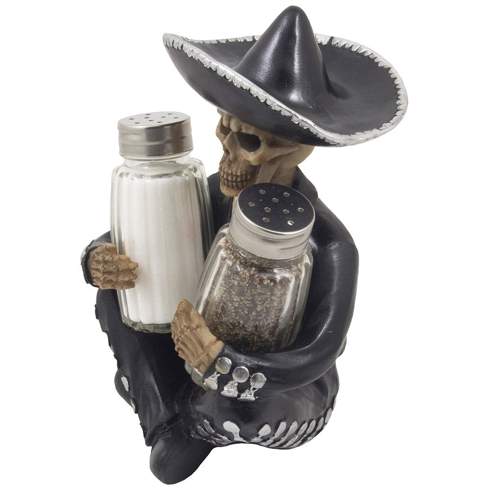 Dia de Los Muertos Mariachi Skeleton Salt and Pepper Shaker Set with Decorative Figurine Holder for Day of the Dead Mexican Festival Decor or Halloween Party Kitchen Table Decorations As Gothic Gifts