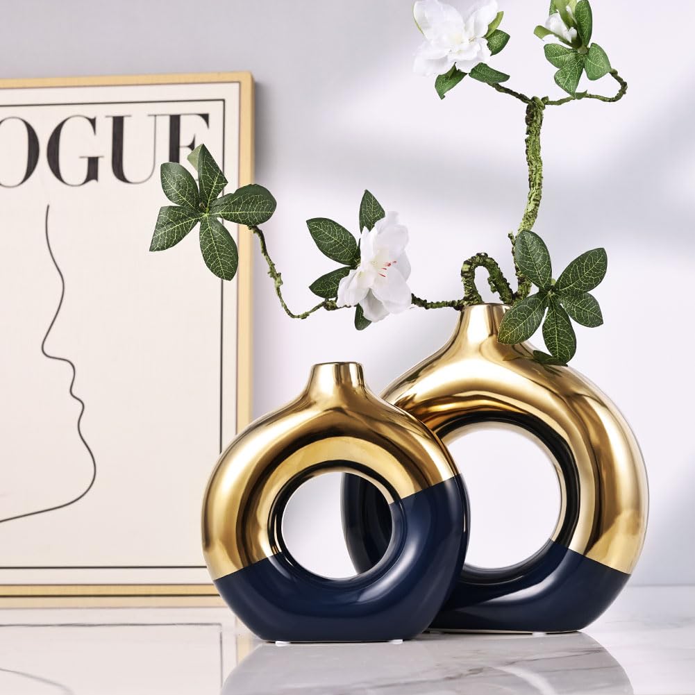 Flower Vase for Home Decor - Gold and Navy Blue Ceramic Vase Set of 2, Donut Vase for Blue Decor, Modern Boho Decorative Vase, Round Hollow Pampas Grass Vase, Dining Table, Mantel & Centerpiece