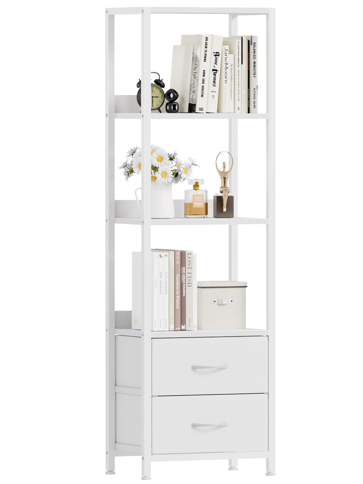 Furnulem 4-Tier Corner Shelf, Bookshelf with 2 Storage Drawers, 57.28”Tall Narrow Bookcase, Standing Shelf Organizer Unit for Living Room, Bedroom, Metal Frame, Wood Display Shelf