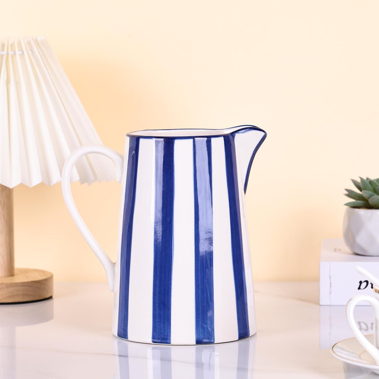 oliruim Ceramic Blue and White Pitcher Vase with Handle, Hand Painted Farmhouse Boho Pottery Jug for Decor Table Centerpiece, Kitchen, Home Desktop Decor Vase (Stripes)