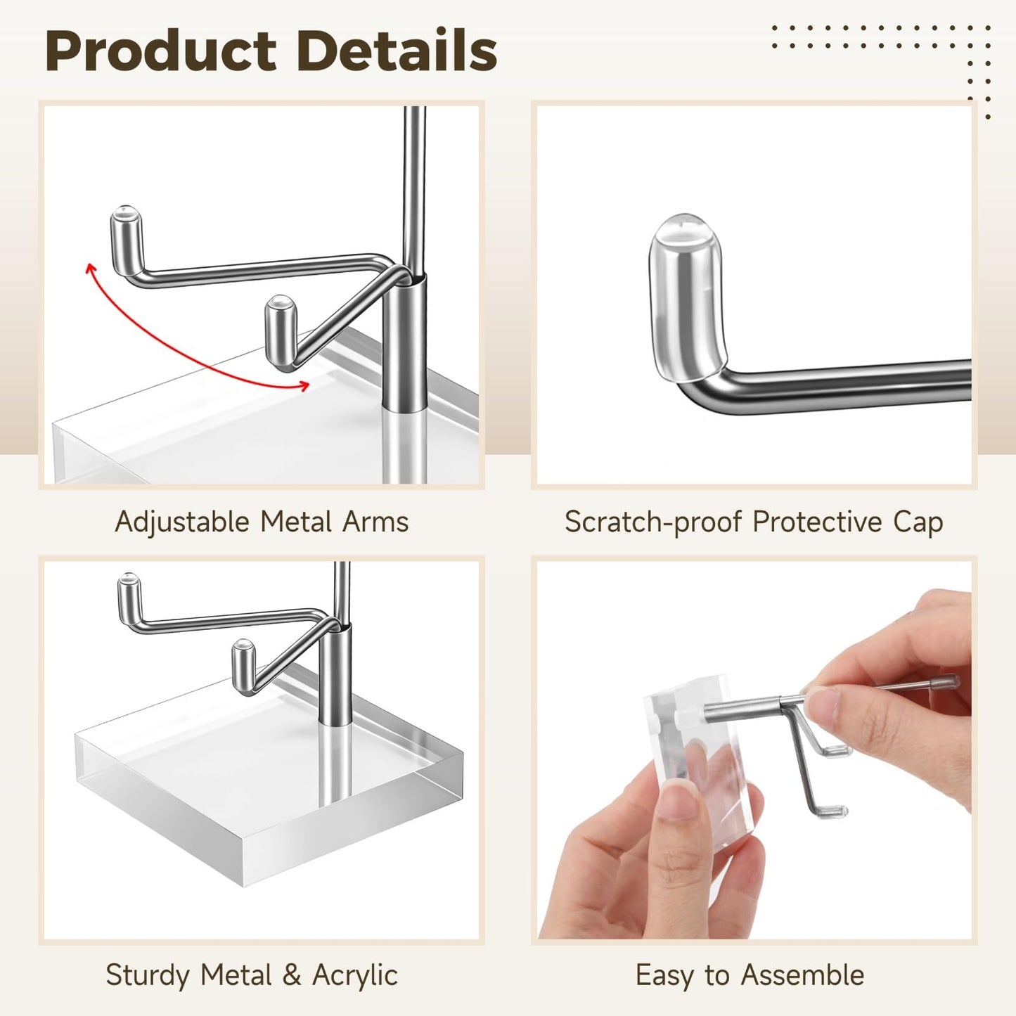Skdqiee 16 Pcs Crystal Display Stands, Adjustable Metal Arm Mineral Holders, Silver Rock and Crystal Display Holders for Stones, Geodes, Fossils, Cards