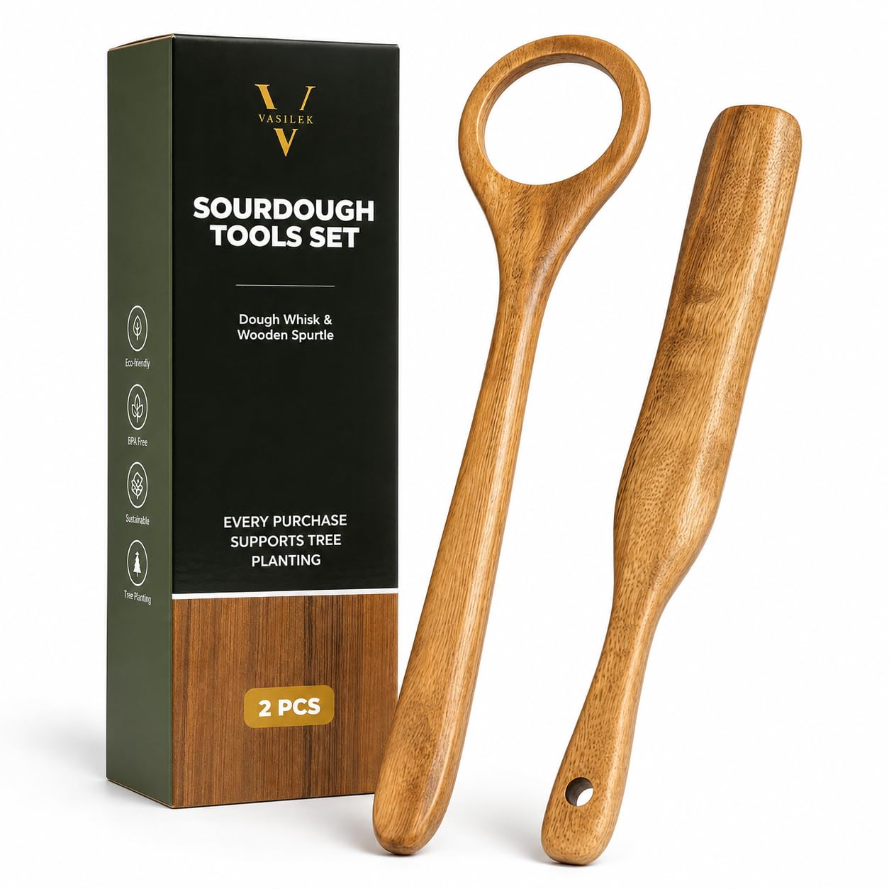 Wooden Dough Whisk & Spurtle Set, 2 Pcs Acacia Wood Sourdough Mixing Tools, Danish Dough Whisk Alternative, Nonstick Safe Stirring Stick for Bread, Batter, Sauce & Jar Mixing, 13 Inch