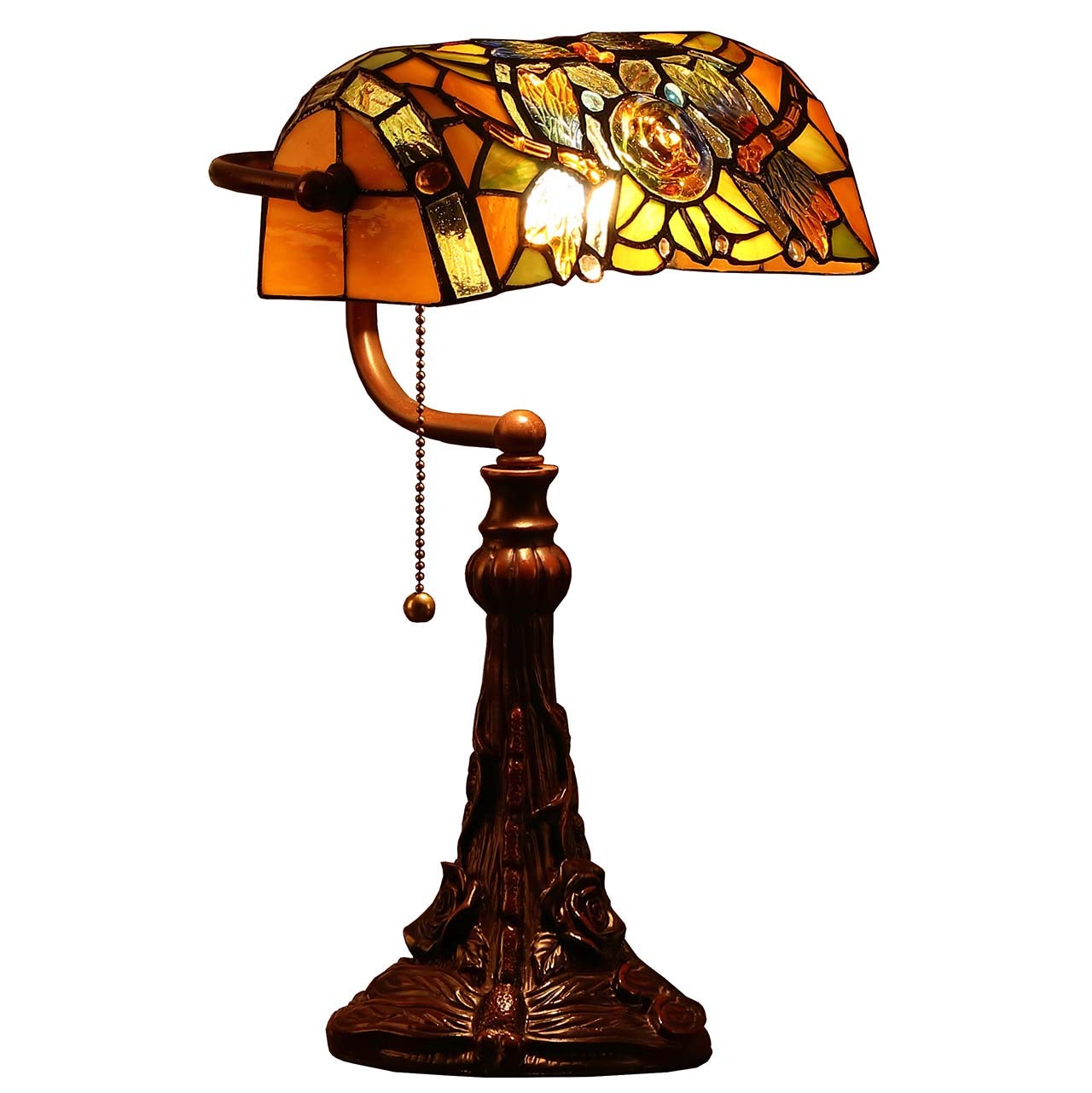 Bieye L10308 Dragonfly Tiffany Style Stained Glass Banker Desk Table Lamp with 10-inches Wide Lampshade for Reading Working, 16 inches Tall (Amber)