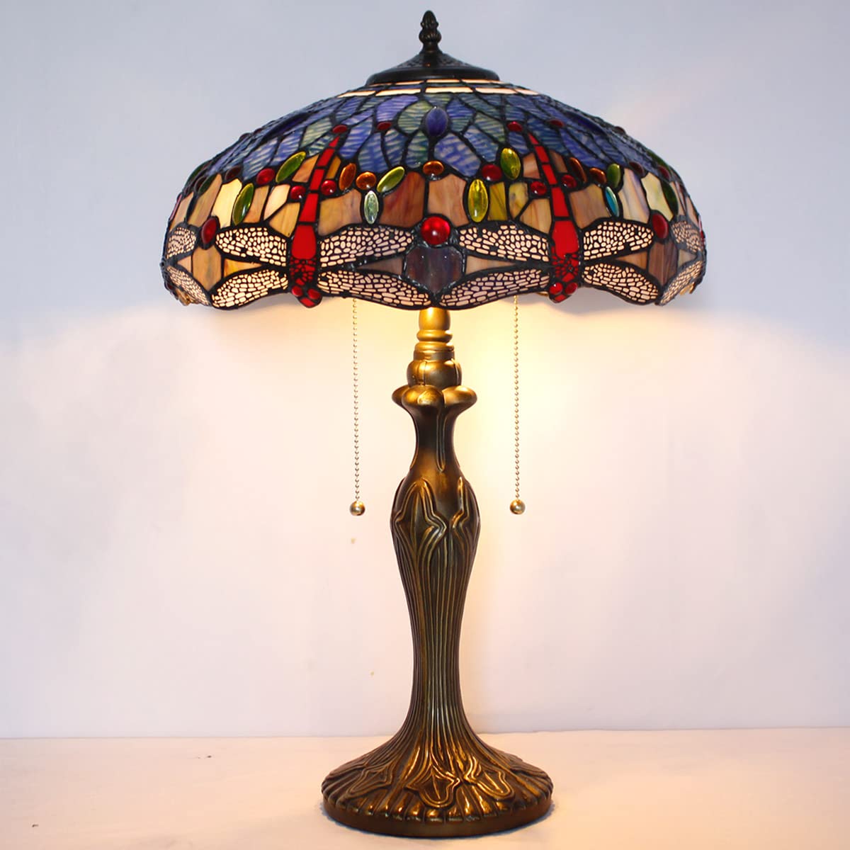 WERFACTORY Tiffany Table Lamp Stained Glass Dragonfly Style Bedside Lamp