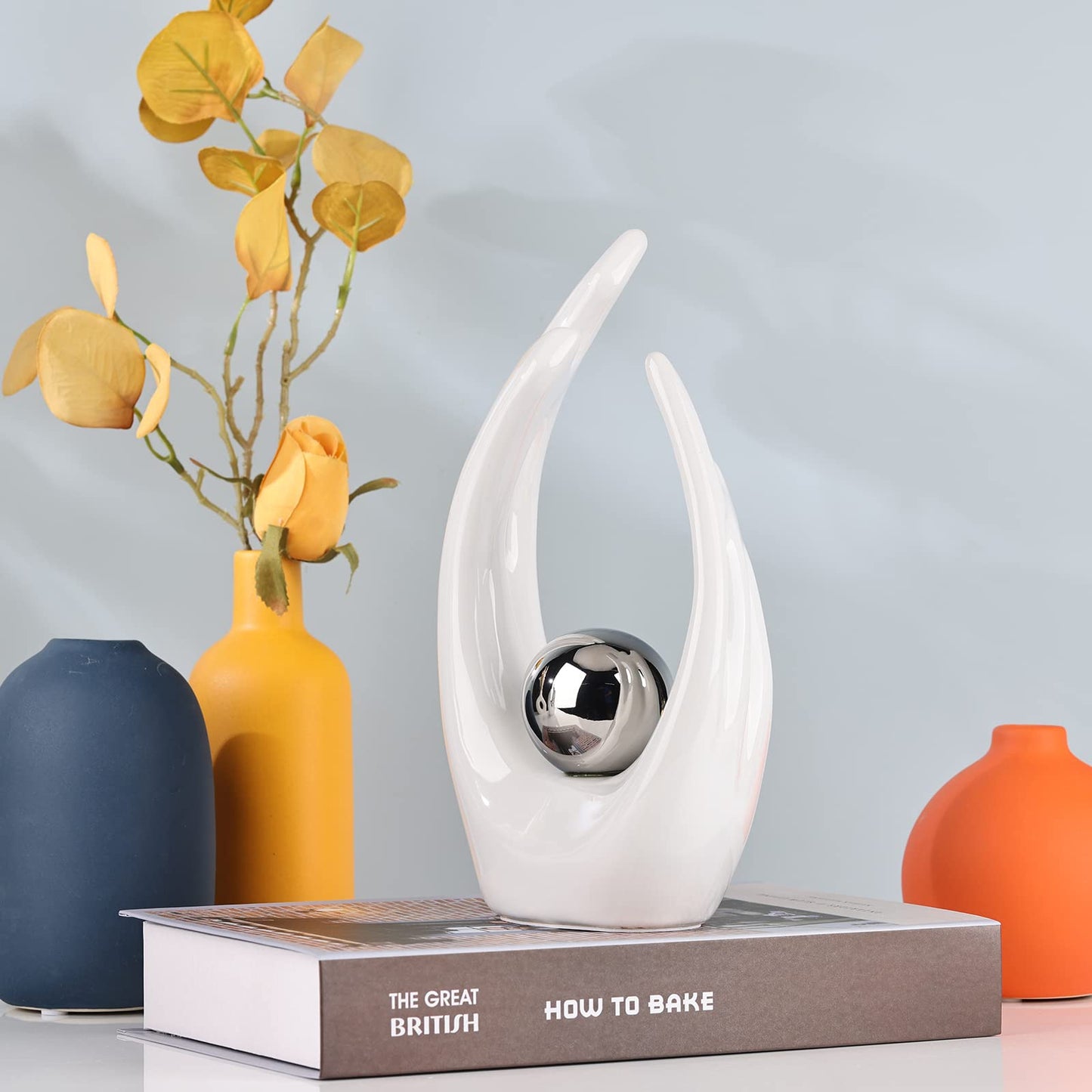 XMGZQ White Ceramic Abstract Statues and Sculptures,White and Sliver Art Ceramic Statues,Modern Home Decor for Living Room,Dining Table, Coffee Table,Shelf, Entrance,Home Desktop Sculpture Home Decor