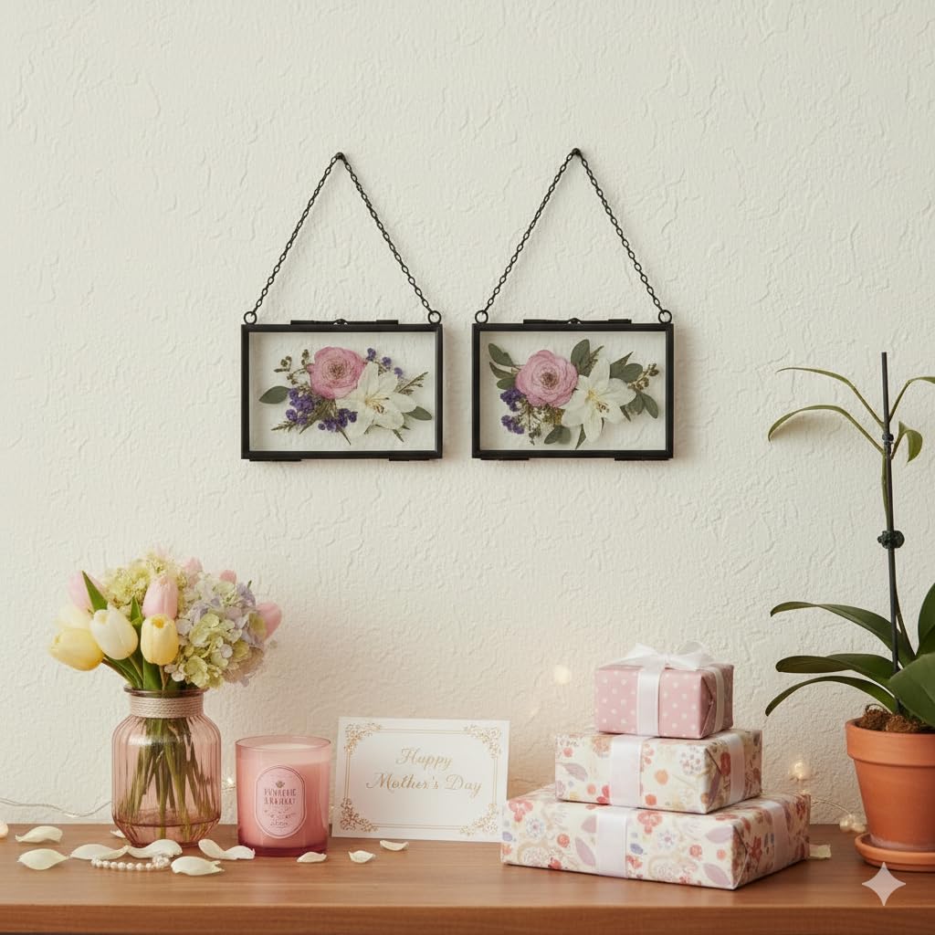 FOCHIER F 4 Pcs Pressed Flower Frame with Tweezers, Wall Hanging Tabletop Display Double Glass Frames with Metal Chain for Pressed Dried Flowers Plants, Horizontal and Vertical Picture Frame, Black, FRAMES ONLY