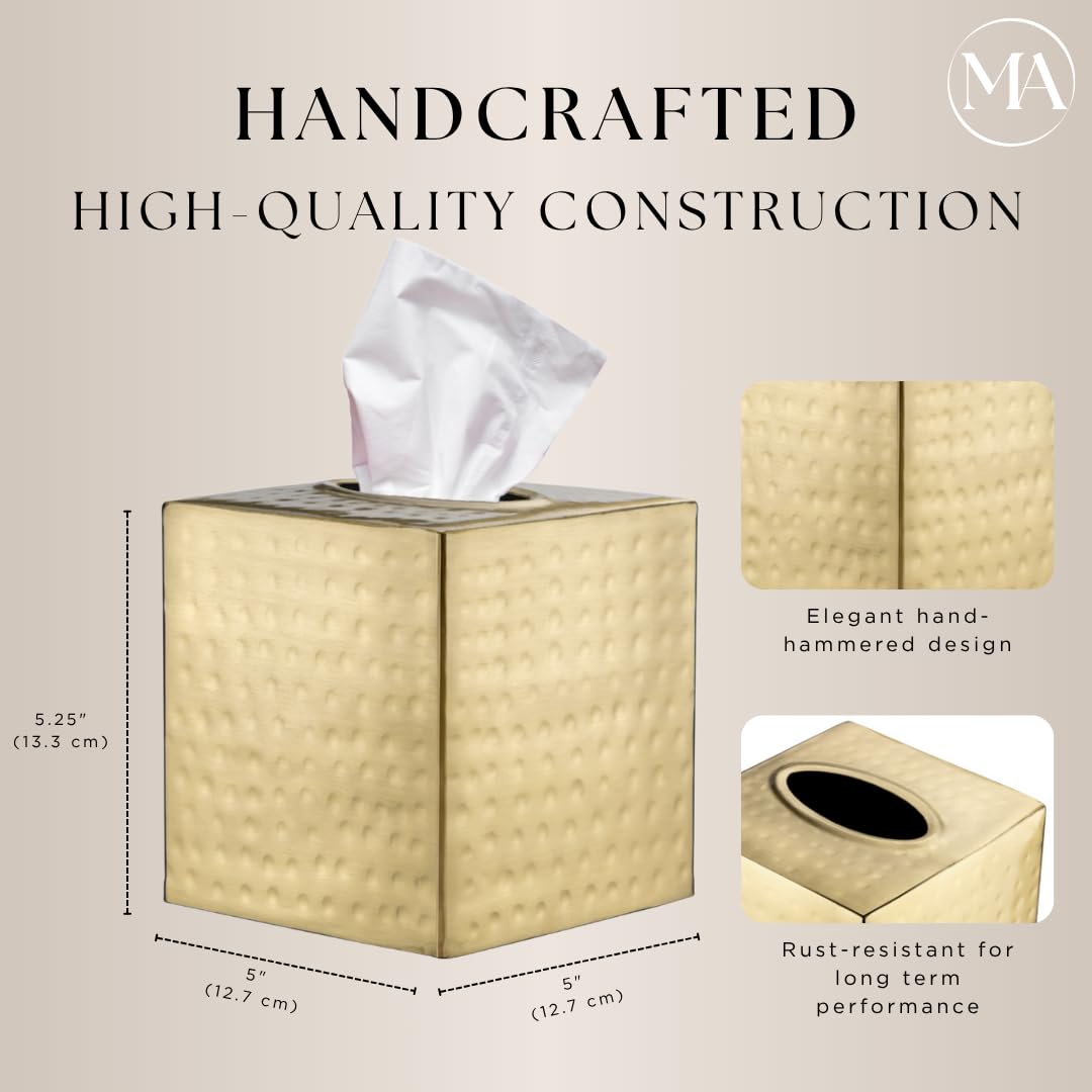 Monarch Abode Tissue Box Cover Square – Hand Hammered Brushed Gold Metal Tissue Holder Box for Bathroom Accessory, Aesthetic Decorative Facial Napkin Cube for Modern Home Decor