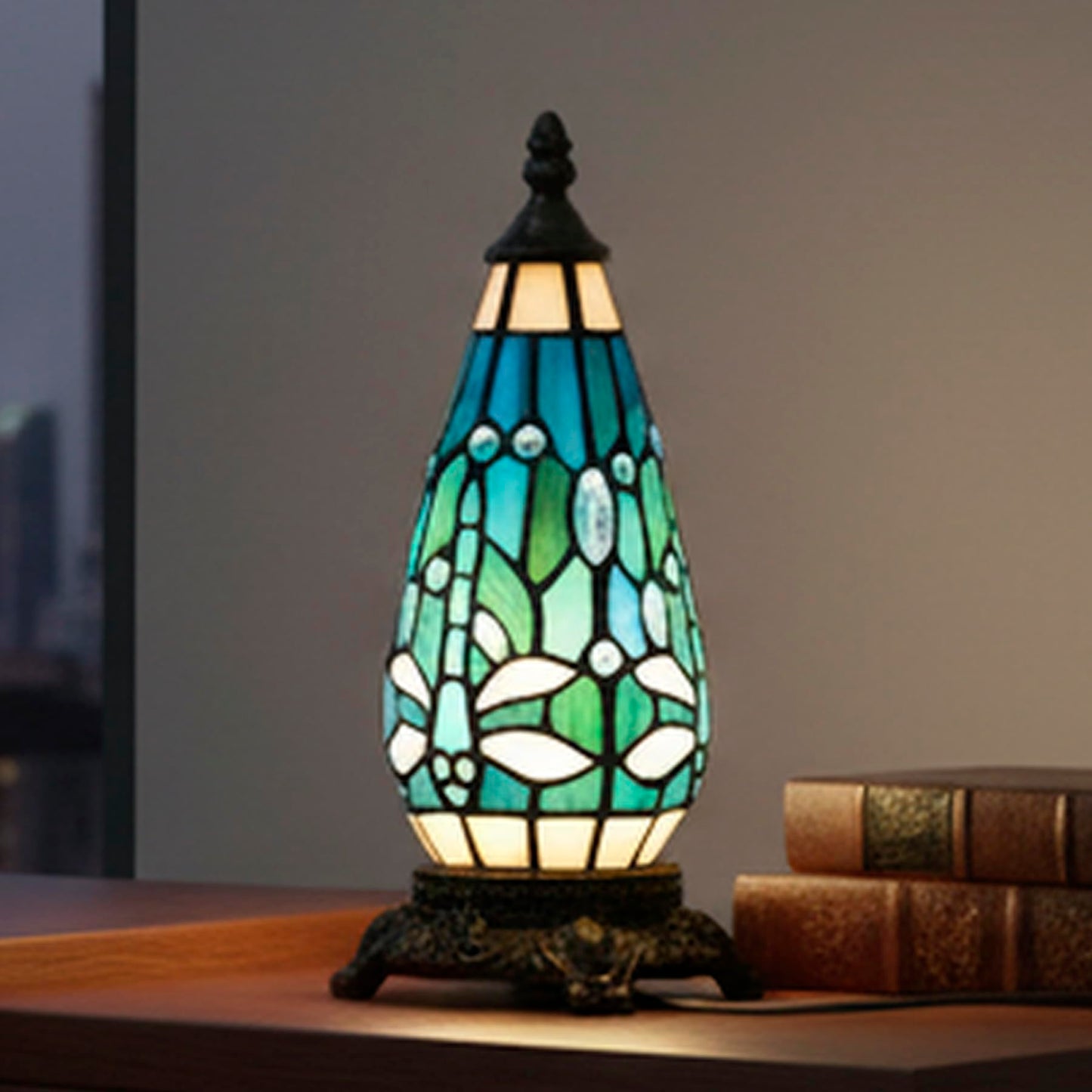 TCODTPOL Small Tiffany Stained Glass Table Lamp 5.5X11 Inch (Green Dragonfly)