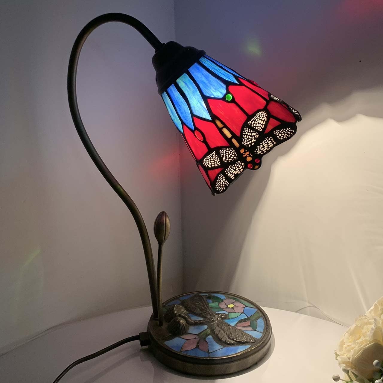 Bieye L10929 Tiffany Style Stained Glass Dragonfly Table Lamp with Mosaic Flower Base for Home Decor