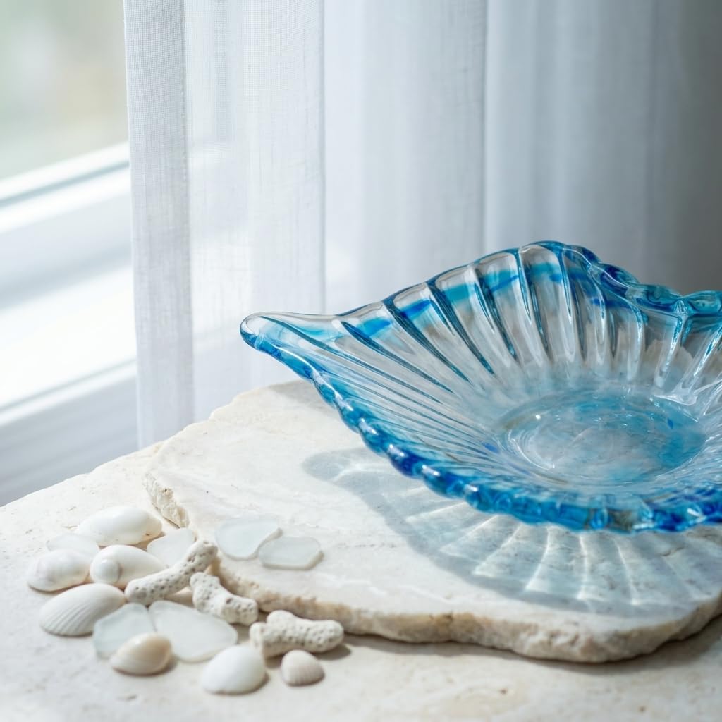 WUBIANJIE Glass Decorative Bowl Shell Shaped Hand Blown Glass Bowl Ribbed Decorative Dish for Tabletop Centerpiece Jewelry Keys Trinket Storage Home Decor Shelf Entryway Display