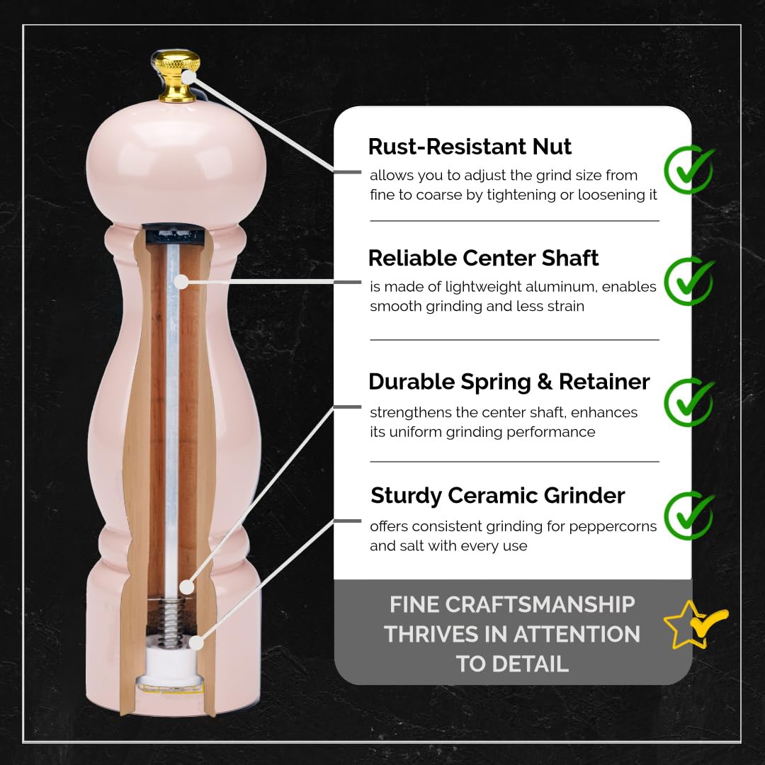 JHuxe Rose Pink Salt Pepper Grinder Mill, 8 Inch Classic Wood Manual Salt Pepper Grinder, Adjustable Wooden Peppermill, Refillable Pepper and Salt Mill, Best Kitchen Gifts for Mom from Daughter Son