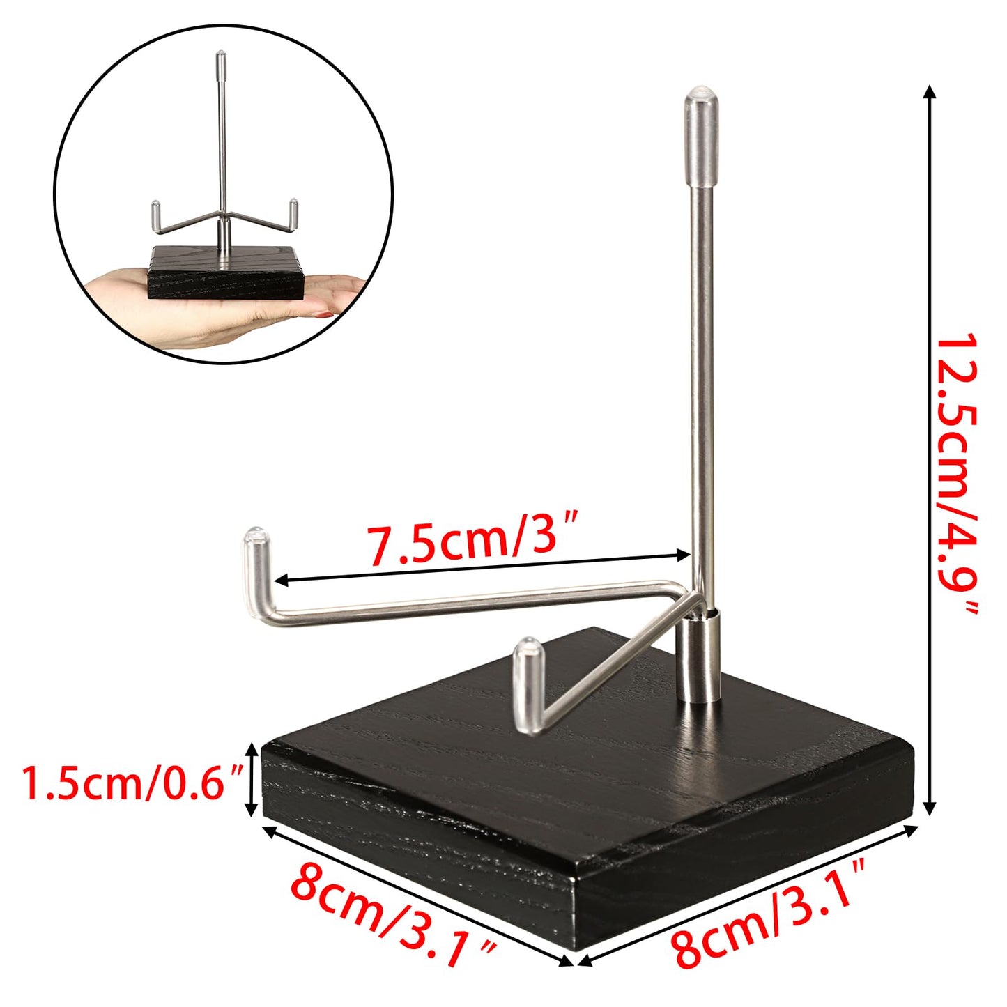 Hipiwe Adjustable Stainless Steel Arm Display Stand Easel with Wooden Base Rocks Crystal Display Easel Holder for Mineral Agate Gemstones Fossils Coral Geodes Plate and Photo, 3.1"x3.1"x4.9"