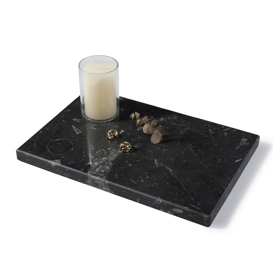 Natural Moroccan Fossil Stone Tray - Black Marble Decorative Serving Board for Charcuterie, Cheese, Pastry - Jewelry, Candles, Perfume, Trinket Plate, Kitchen & Home Decor Centerpiece 12"x 8"