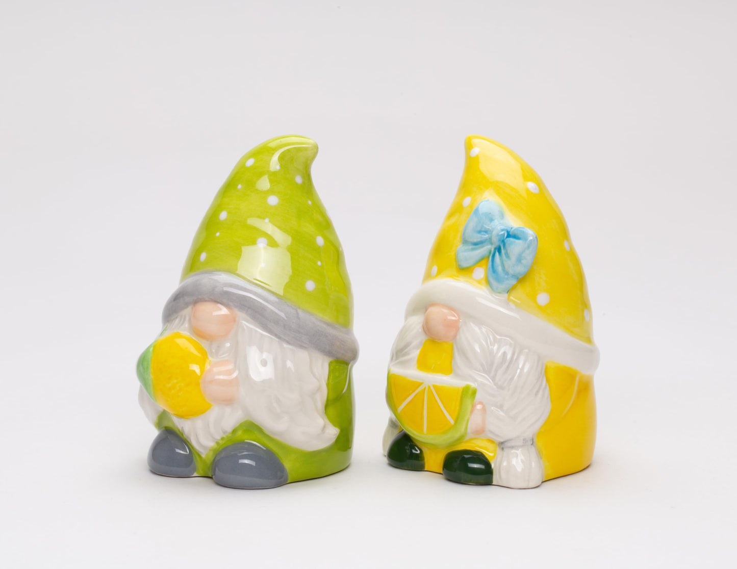Fine Ceramic Summer Lemon Lime Cool Gnome Couple Salt & Pepper Shakers Set, 3-5/8" H