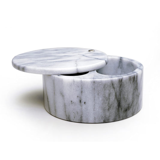 RSVP International Dual Compartment Box | Chic & Modern Herb Container | 10 Ounces Total | Swivel Top Protects Salts | Beautiful, Solid Marble, 5", White