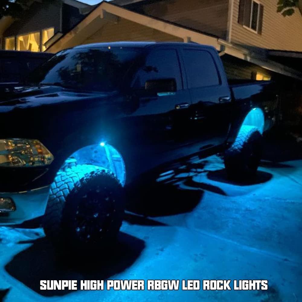 SUNPIE 12 Pods RGBW Rock Lights – Full Beam Angle, 30 High Power Chips, Aluminium Housing, Mounting Pads Included, IP67 Waterproof, Music Mode Underglow Lights, Fits Trucks, SUV, ATV, UTV, Boats