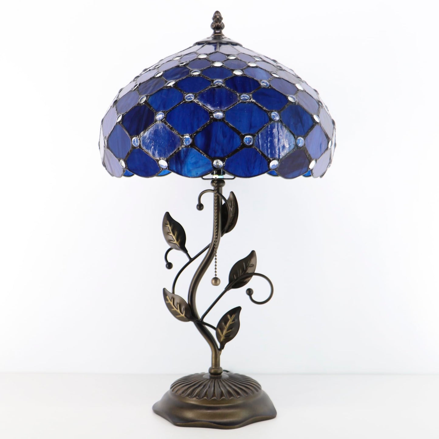 HWDFEI Tiffany Table Lamp, Stained Glass Style Desk Lamp, 12X12X19 Inch,Bedside Reading Light, Metal Leaf Base（Blue Beads Style