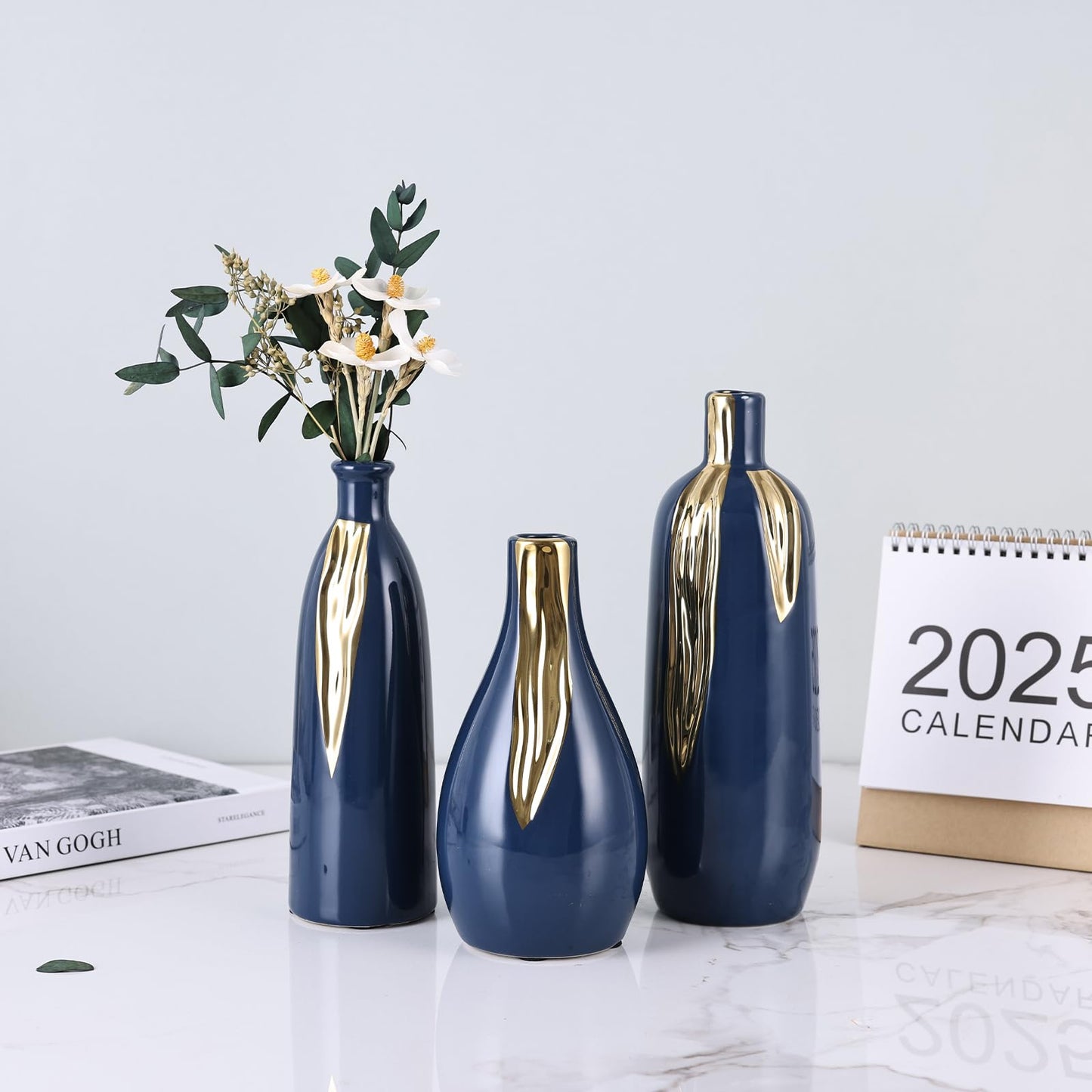 Blue and Gold Ceramic Vase Set of 3, Ceramic Vase Set for Decorative, Blue and Gold Single Stem Vases for Centerpieces Nightstand Kitchen, Boho Farmhouse Home Decoration