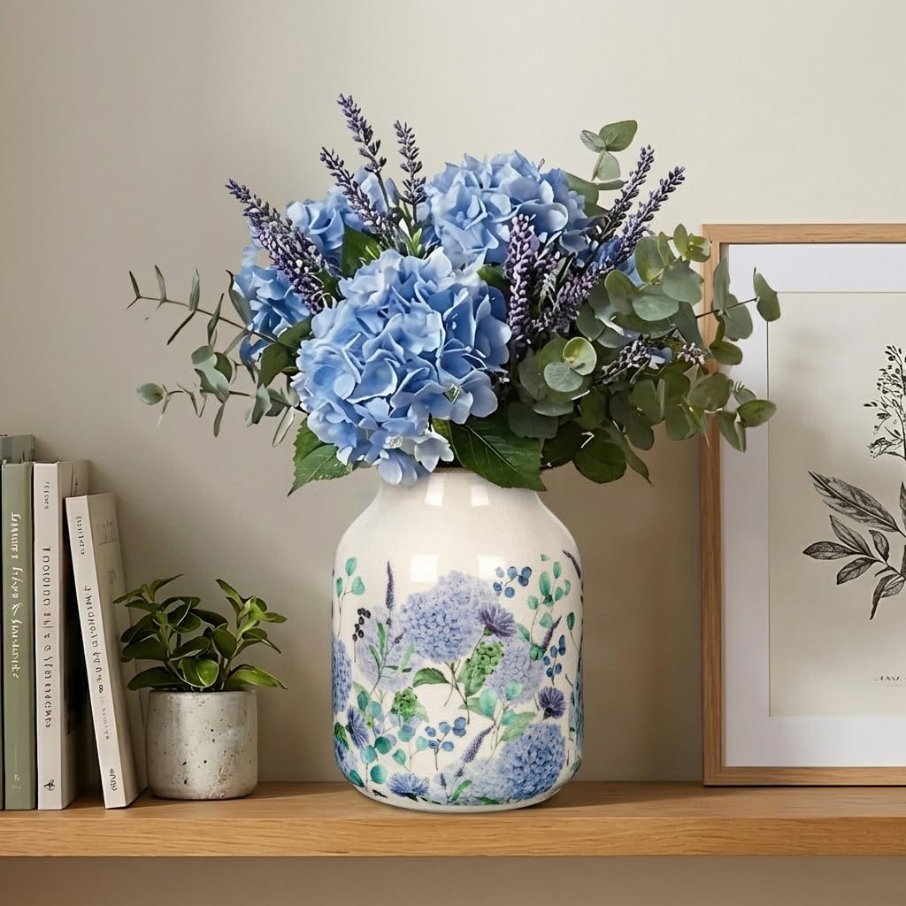 Nature Crafted Blue and Beige Vintage Ceramic Vase, 8 inch Blueberry Hydrangea Chinoiserie Floral Vase, Rustic Ceramic Large Vase for Home Table Bookshelf Kitchen Living Room Office Balcony