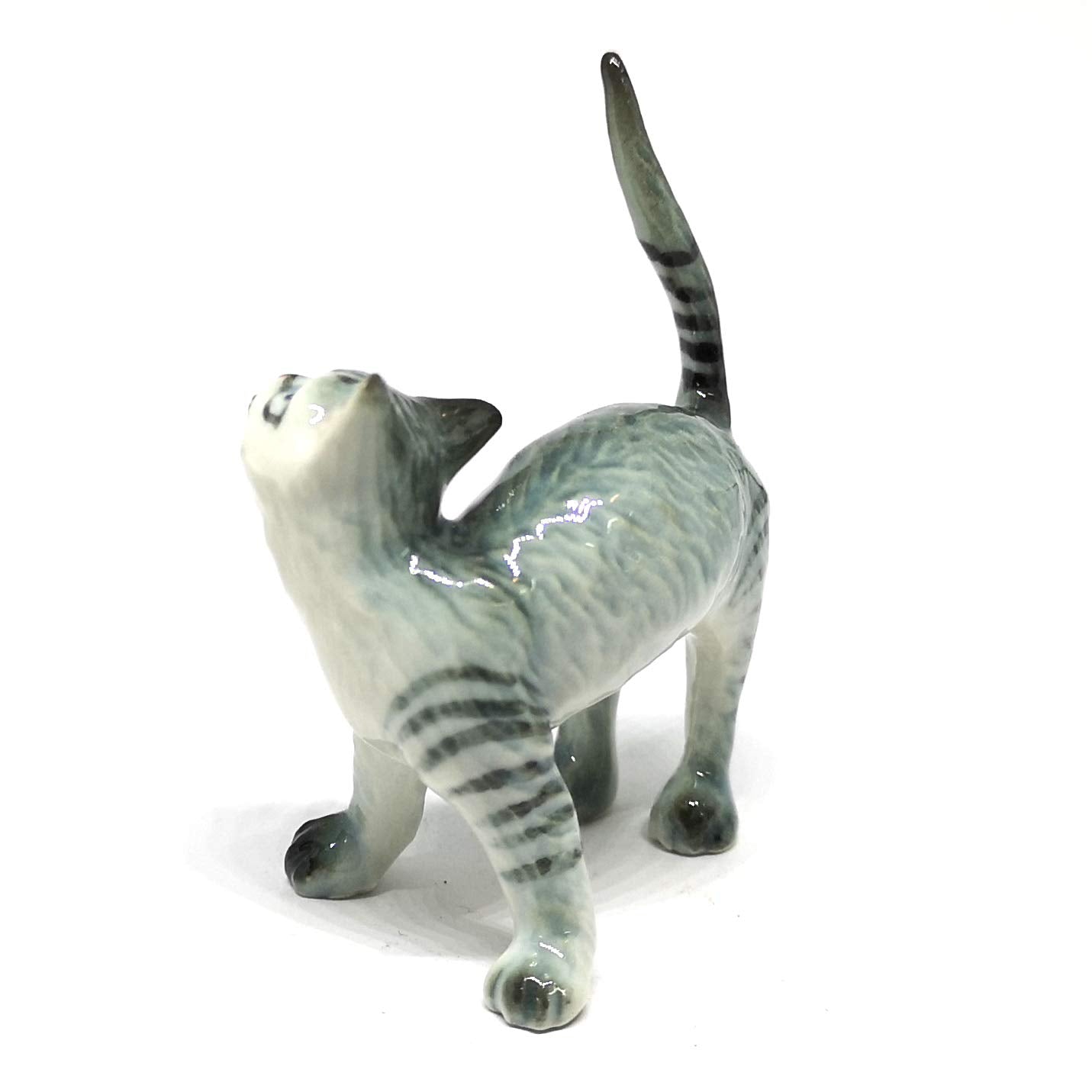 ZOOCRAFT Ceramic Cat Figurine Miniatures Stretching Gray Pet Lovers Collectibles Hand Painted Animal Poecelain