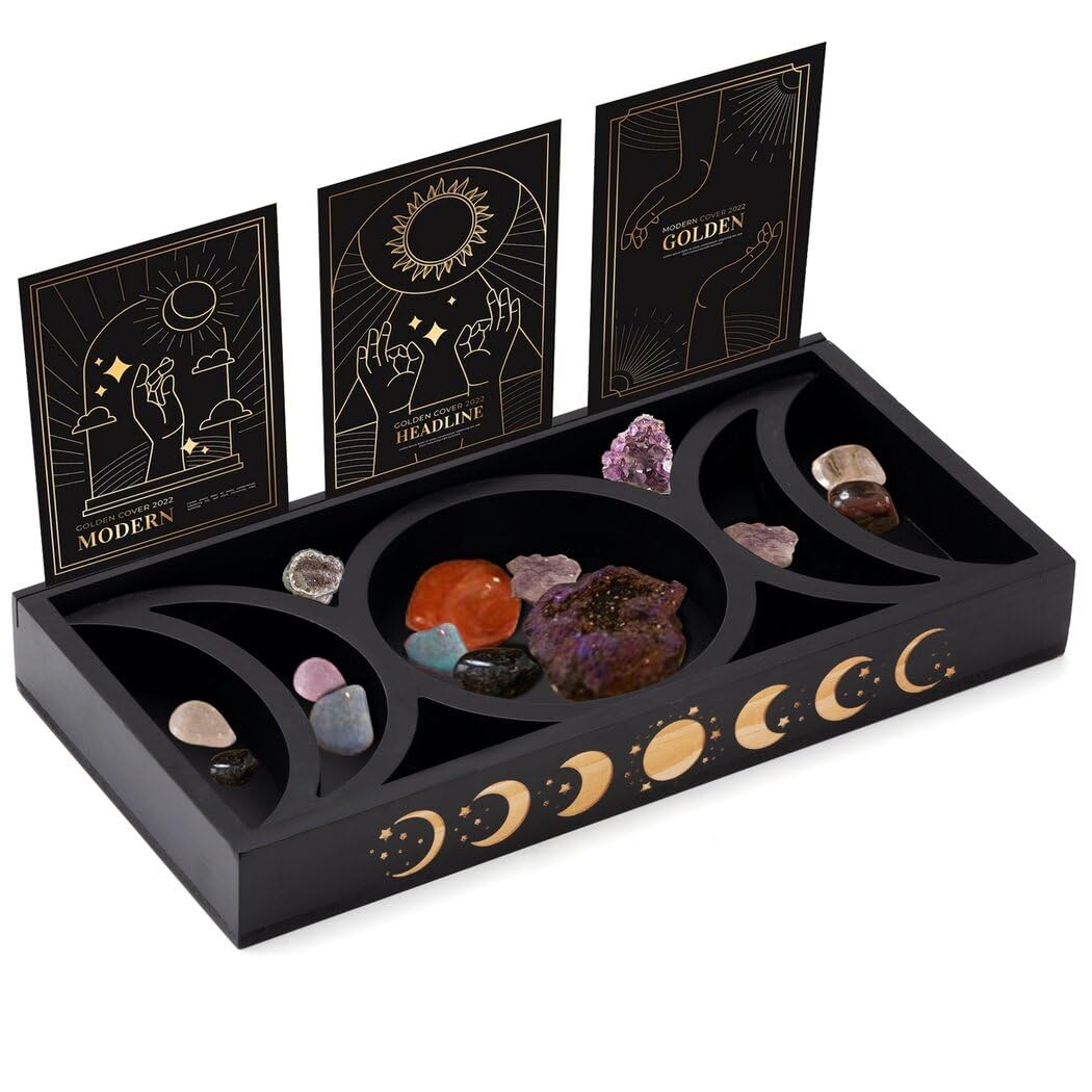 Wooden Tarot Card Holder Stand, Crystal Holder for Stones Display, Crystal Storage Organizer, Moon Tray, 3 Tarot Card Stand for Immerse Reading, Moon Phase Design Tarot Deck Display Stand Box for