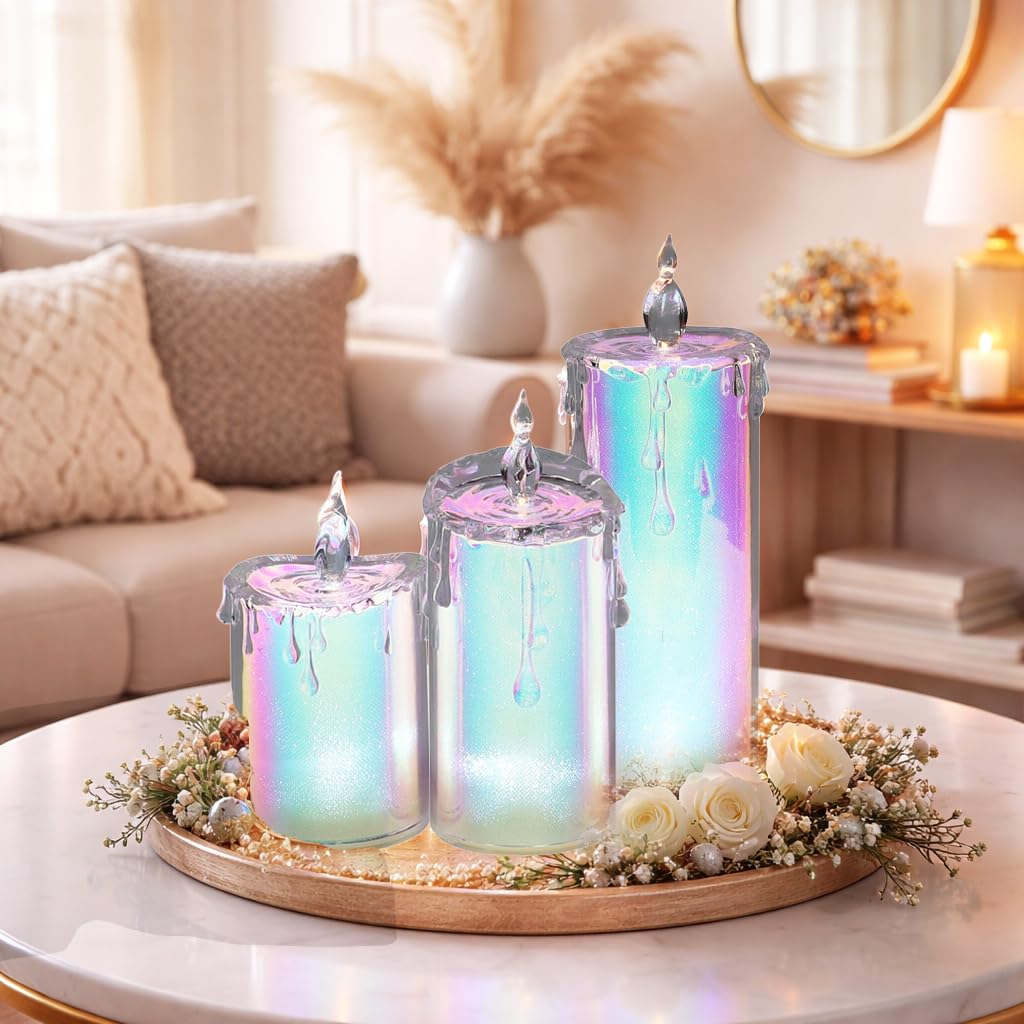 MOMENTS IN TIME 3-Piece Holographic LED Flameless Candle Set Glittering Acrylic Pillar with Realistic Dripping Wax and Flame Effect Home décor. Sizes: 5.5” 7” 9.5” (Batteries not Included)